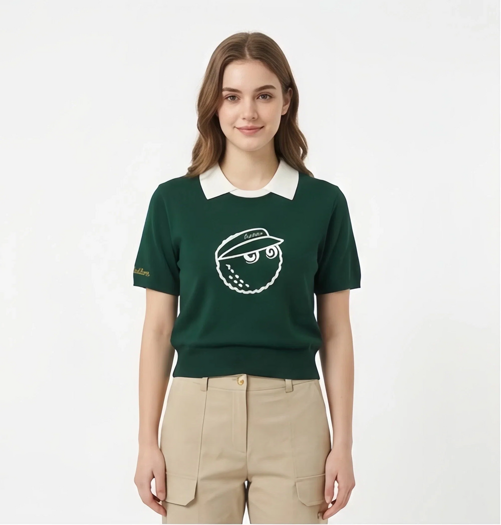 Malbon Women Golf Polo Shirt Knit Casual Tee 2025 Dark Green logo and trim detail