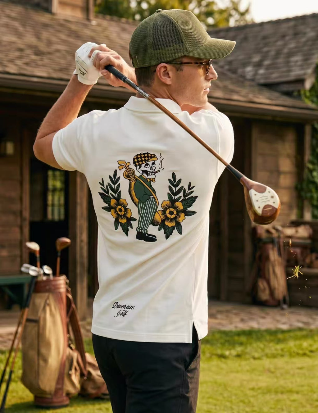 Devereux Golf Men’s Vintage Breathable Back Graphic Polo Shirt in White - product view