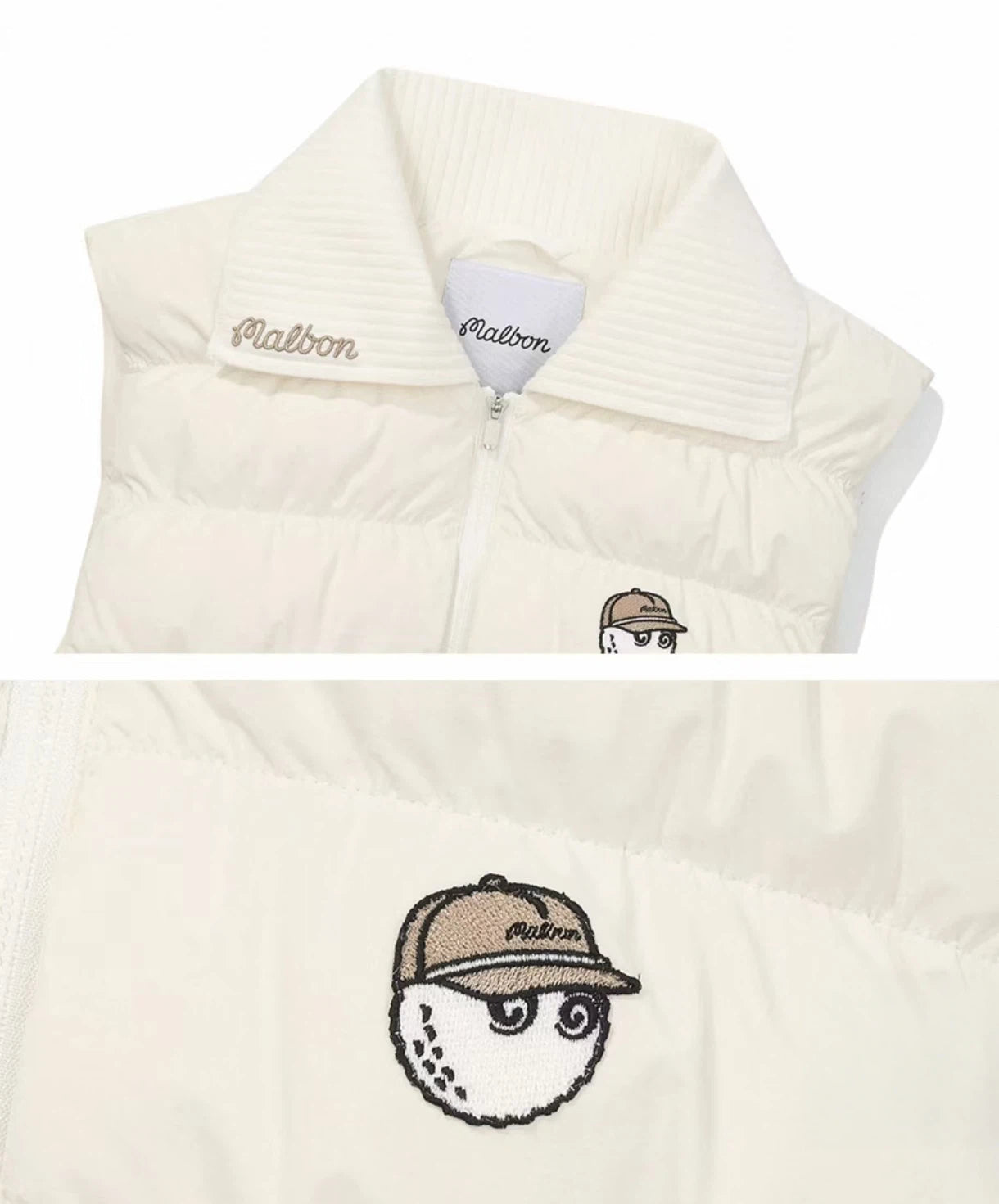 Malbon Golf Women’s Knit Collar Insulated Down Vest white collar and logo detail