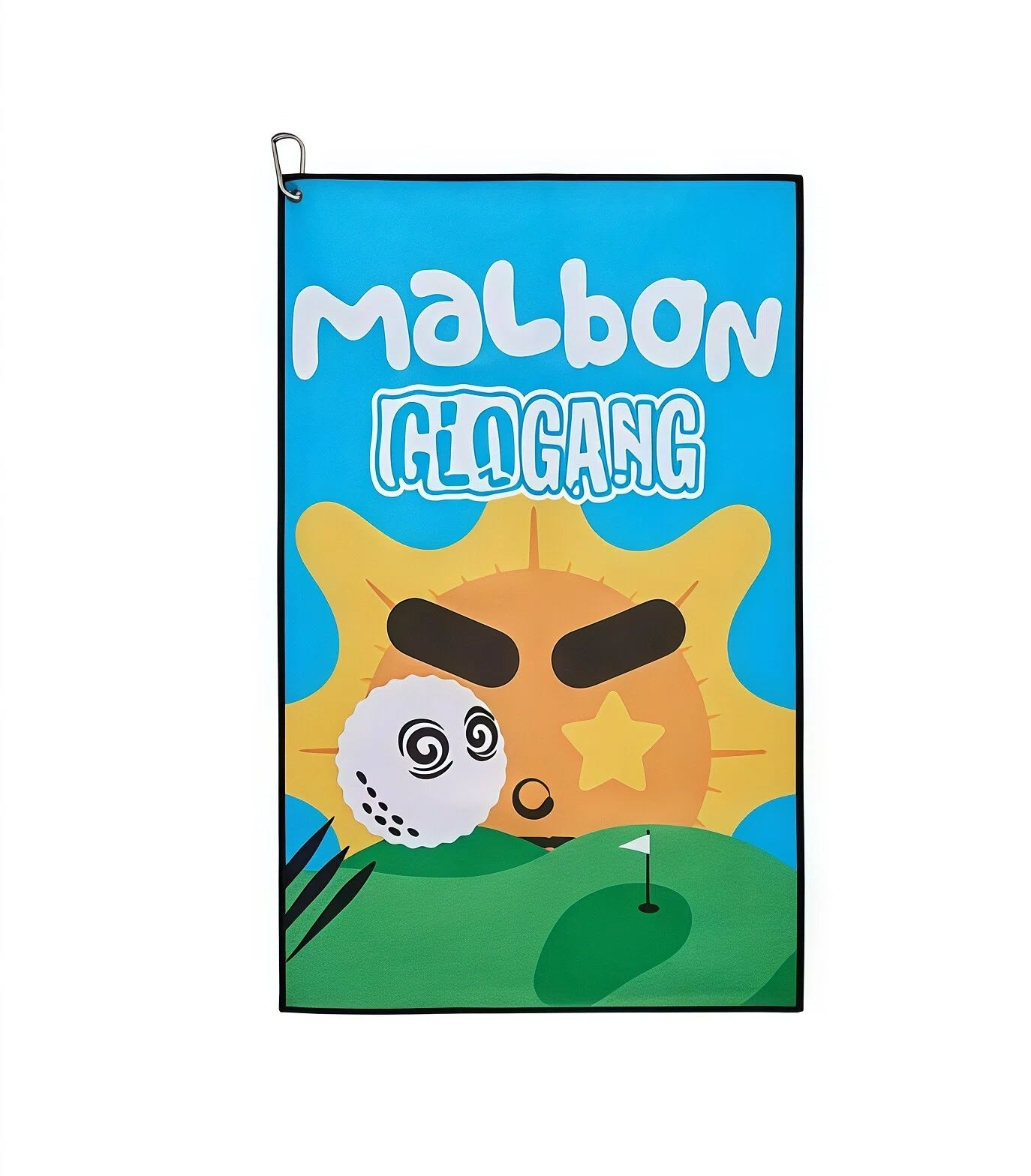 Malbon Microfiber Golf Towel Cleaning Cloth — clipped to a golf bag