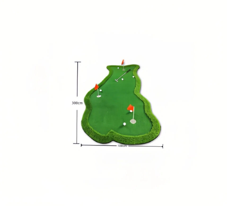 Indoor golf putting green mat custom layout hero shot with crystal velvet turf