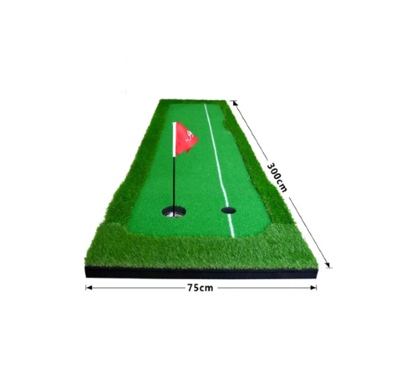 Indoor golf putting mat mini green trainer hero shot with hole flag and auto-return track