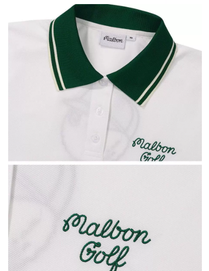 Malbon women polo shirt white green collar and chest embroidery detail