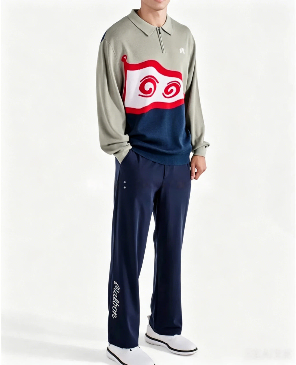 Malbon Burgee Sweater Seagrass Navy Seagrass Navy golf sweater front view