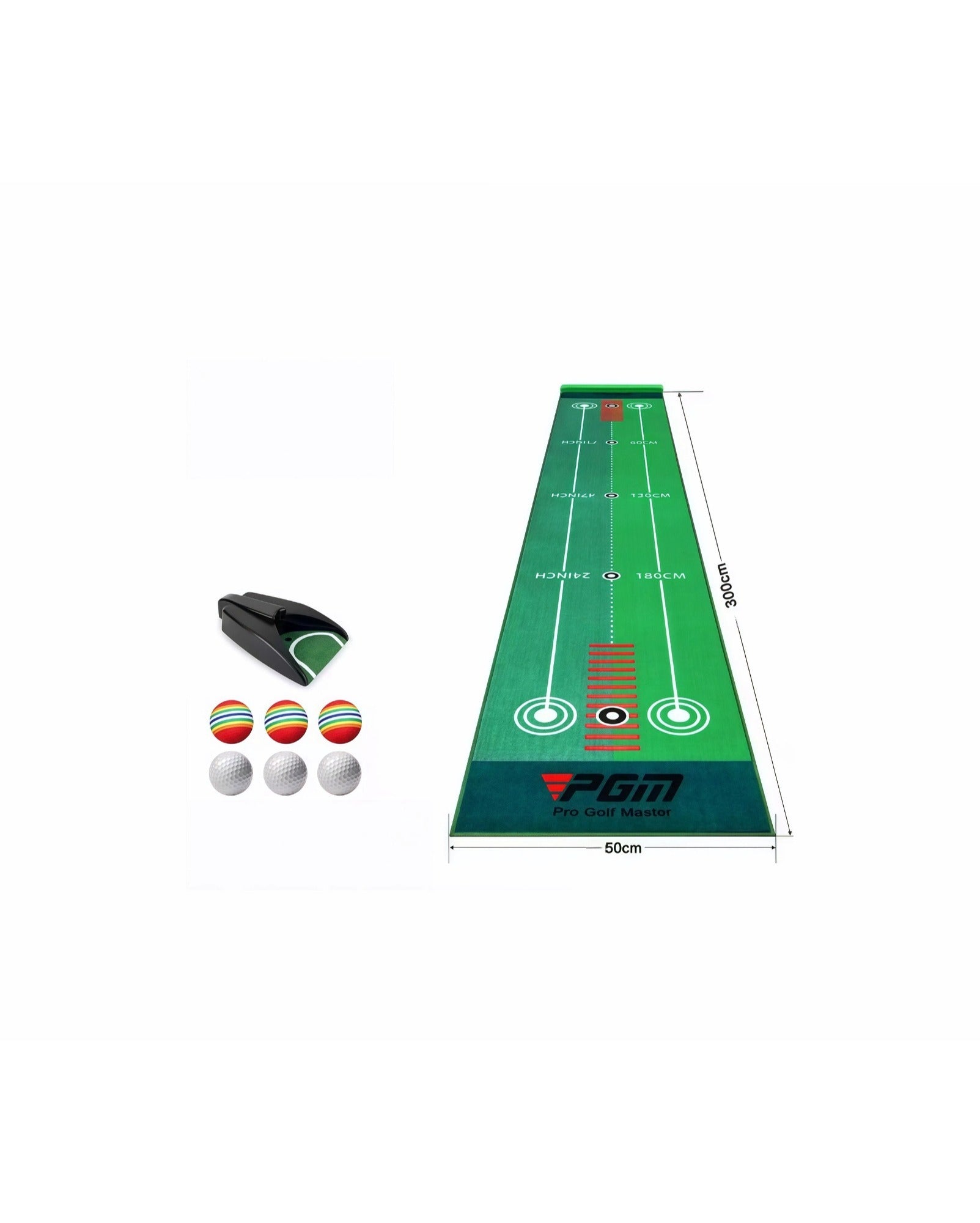 PGM multi-angle putting mat 300cm x 50cm with ball-return cup and six practice balls