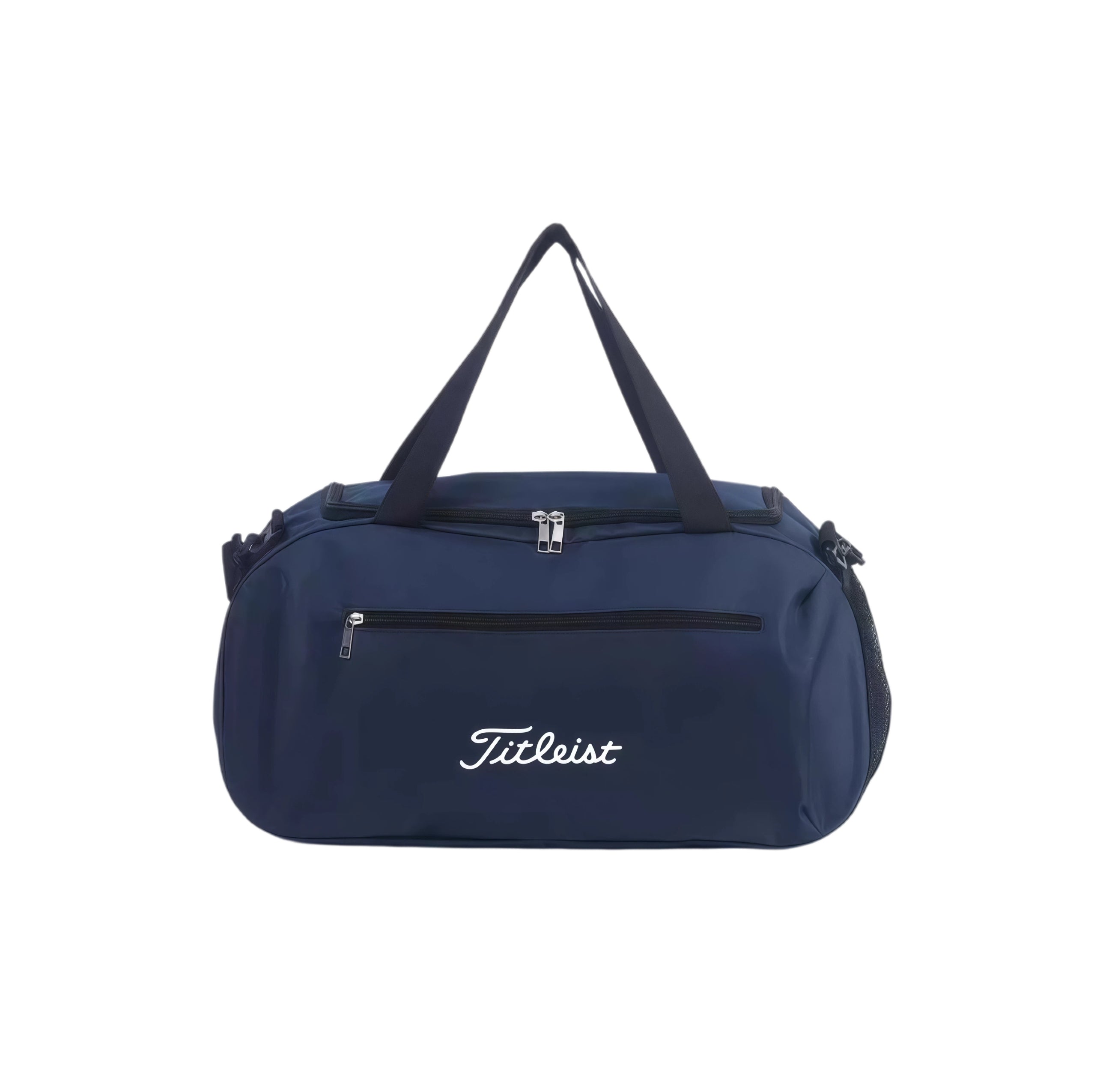Navy Titleist Core golf boston bag with twin top handles, front zip pocket and white embroidered Titleist script, front view
