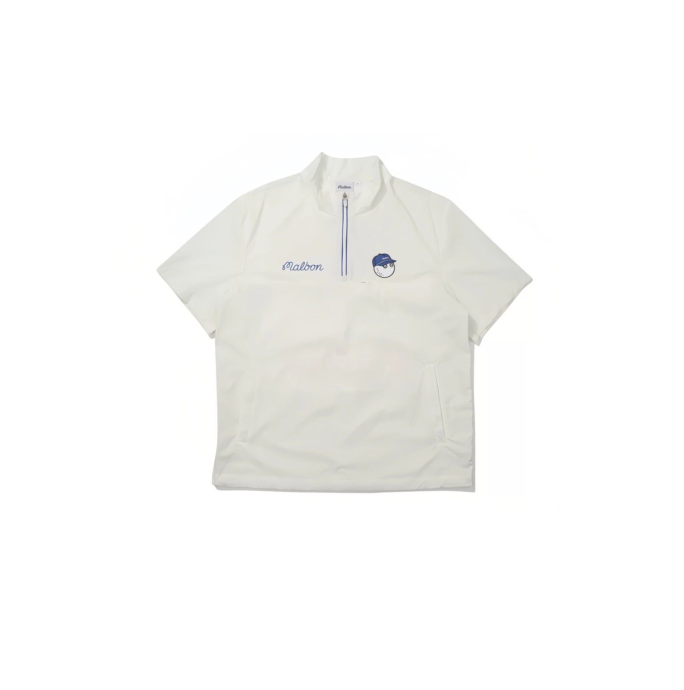 Malbon Unisex Quarter-Zip Golf Polo Shirt in white — front flat lay with mock-neck collar