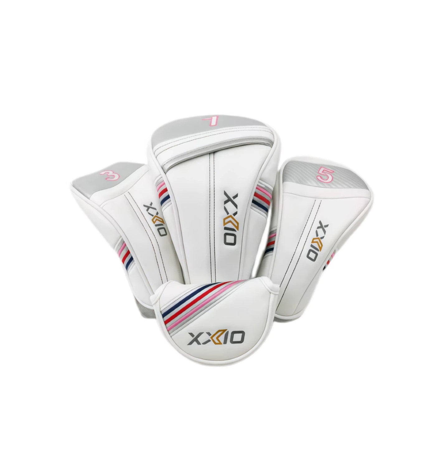 White XX10 golf headcover set with driver, 3 wood, 5 wood and mallet putter covers showing pink, navy and red stripe accents