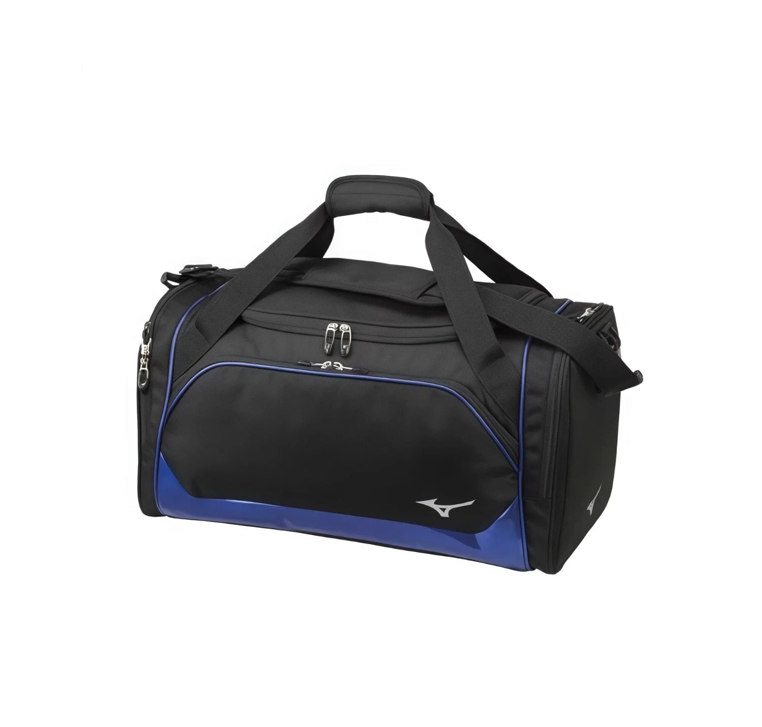 Black Mizuno Team duffel bag with royal blue piping and blue base panel, twin carry handles and Runbird logo on front