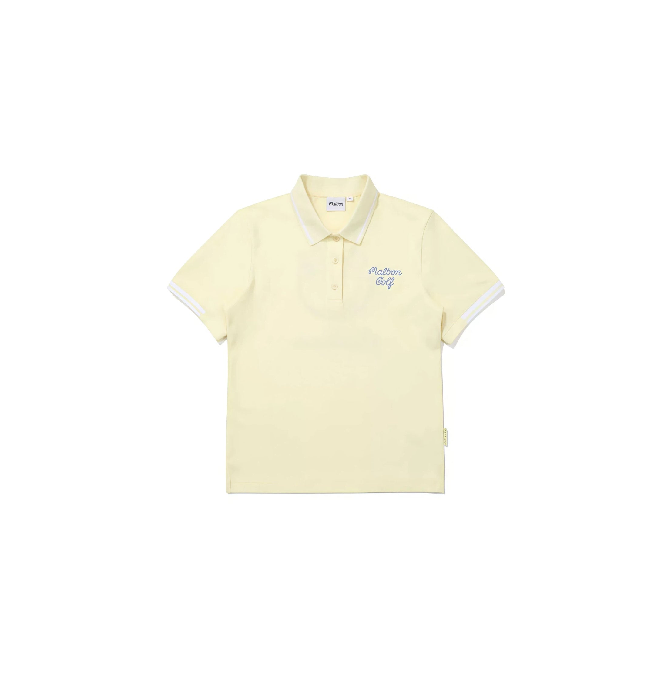 Malbon women's quick-dry breathable golf polo in pale yellow with white collar tipping and cursive Malbon Golf embroidery