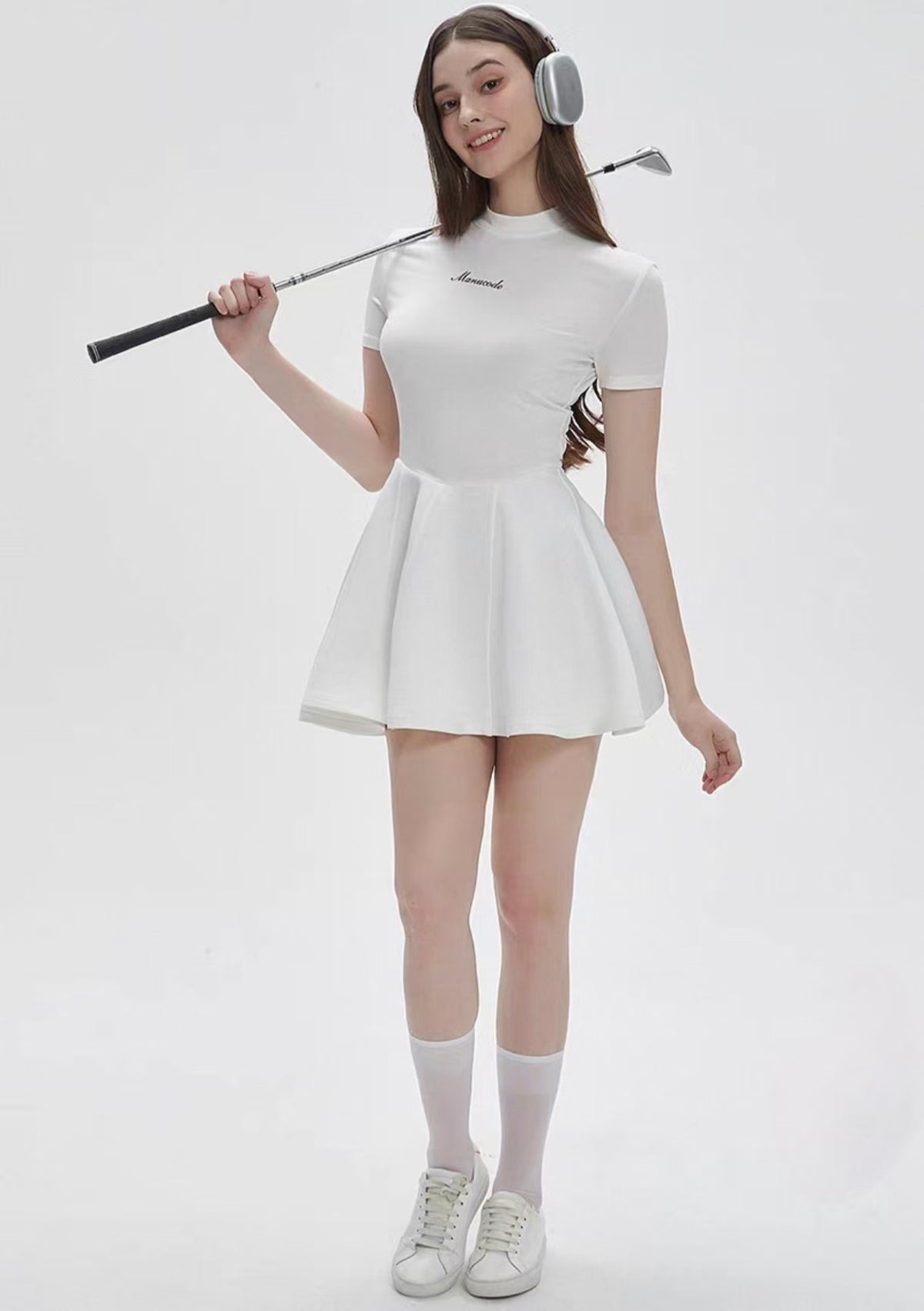 Manucode Women’s White Retro High Neck Air Fabric Golf Dress - product view 3