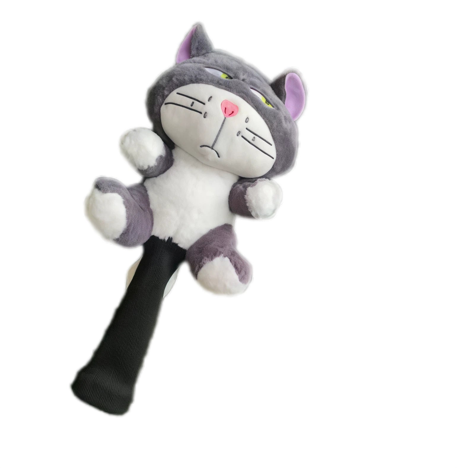 Full view of stubborn grey cat plush golf headcover with white belly, purple inner ears and long black knit sleeve