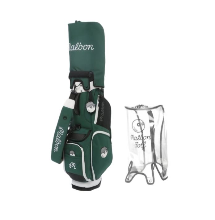 Green Malbon Golf lightweight stand bag with white script logo, paired with clear waterproof rain cover, front view