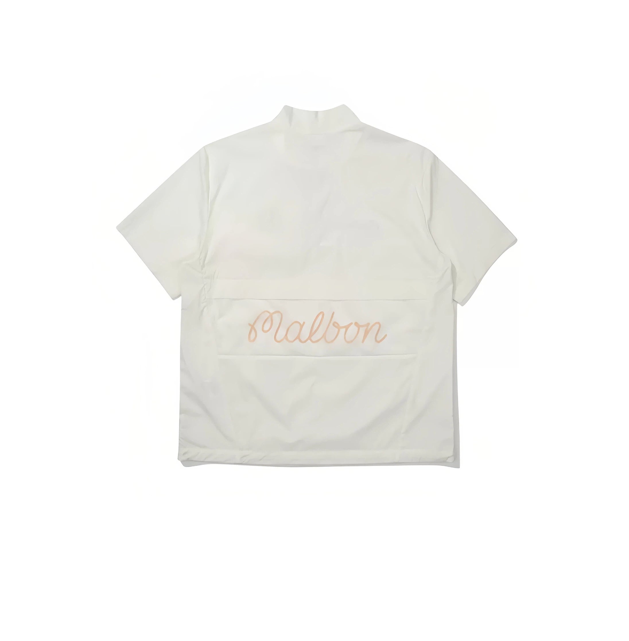 Malbon Unisex Quarter-Zip Golf Polo Shirt in white — back view with peach Malbon embroidery