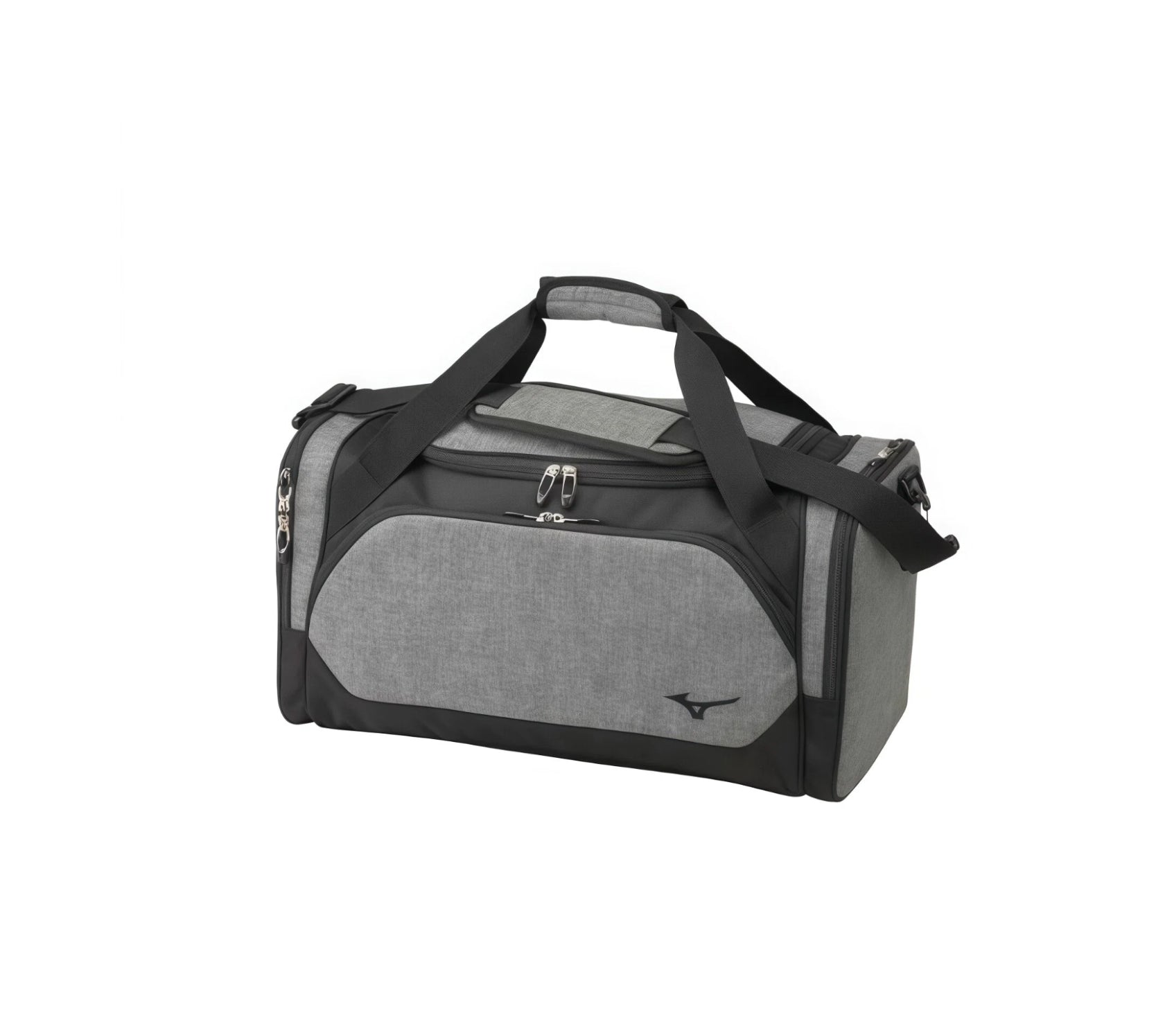 Heather grey Mizuno Team duffel bag, three-quarter view showing curved front pocket and dark Runbird logo on side panel