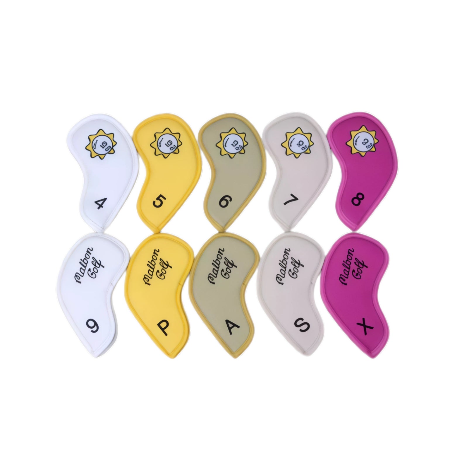 Full set of ten Malbon Golf iron headcovers numbered 4-X in white, yellow, olive, grey and pink with magnetic closure