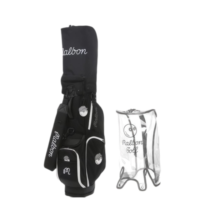 Black Malbon Golf lightweight nylon stand bag with white piping and Buckets mascot, shown with clear PVC rain cover