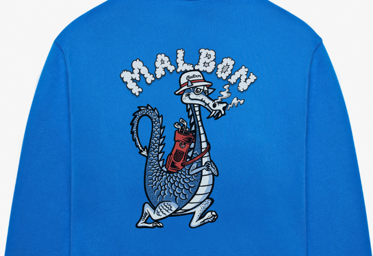 Malbon Unisex Dragon Graphic Heavyweight Golf Hoodie Blue pocket and cuff detail