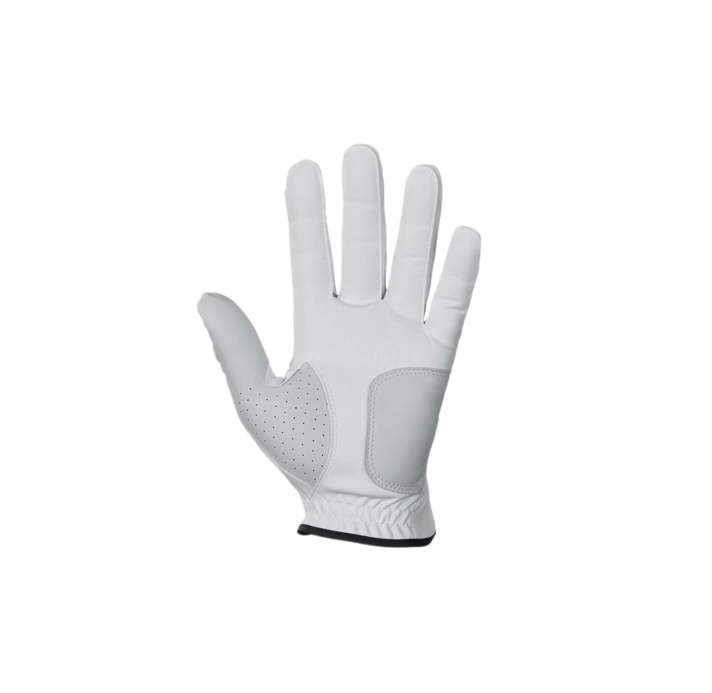 White Srixon left-hand men's golf glove, palm view showing perforated thumb panel and elasticated cuff