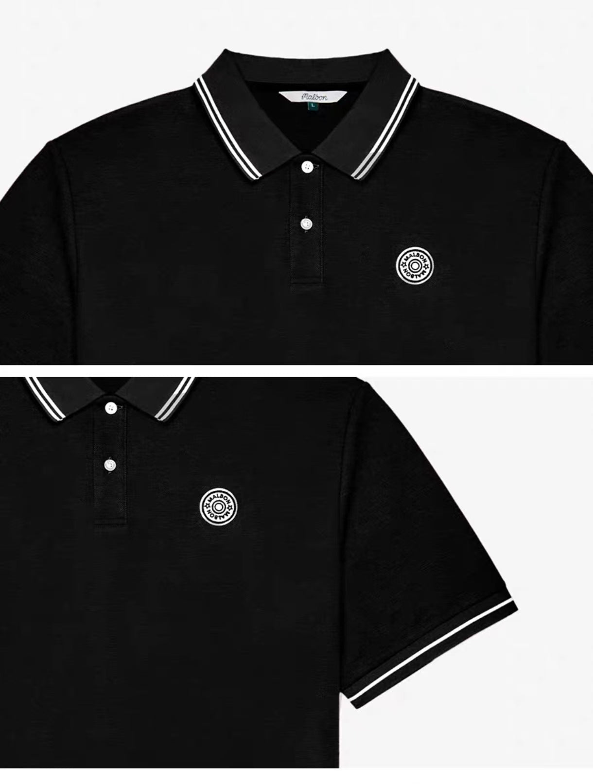 Malbon men's moisture-wicking athletic golf polo in Black - collar and chest detail