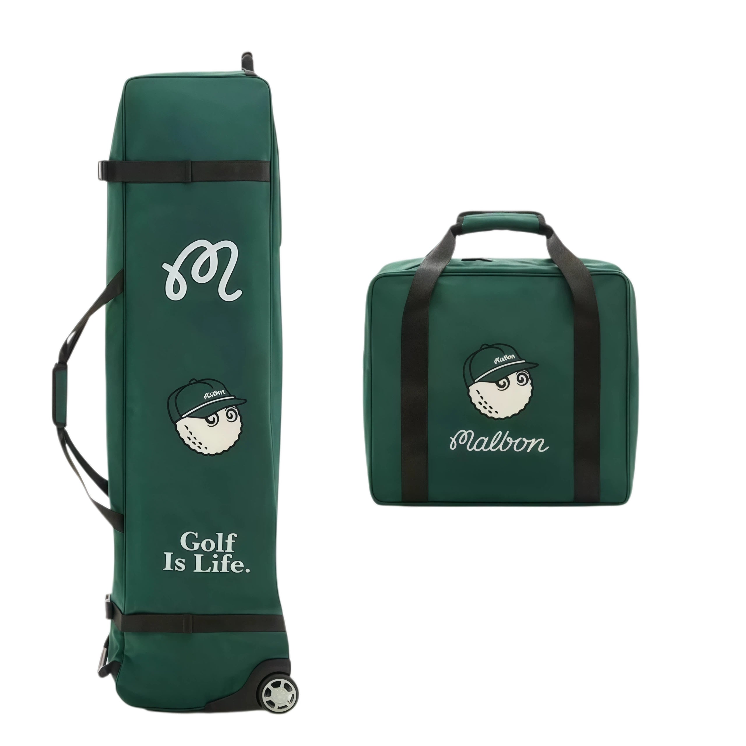Green Malbon Golf wheeled travel cover with white M logo and Golf Is Life slogan, paired with matching cube tote case