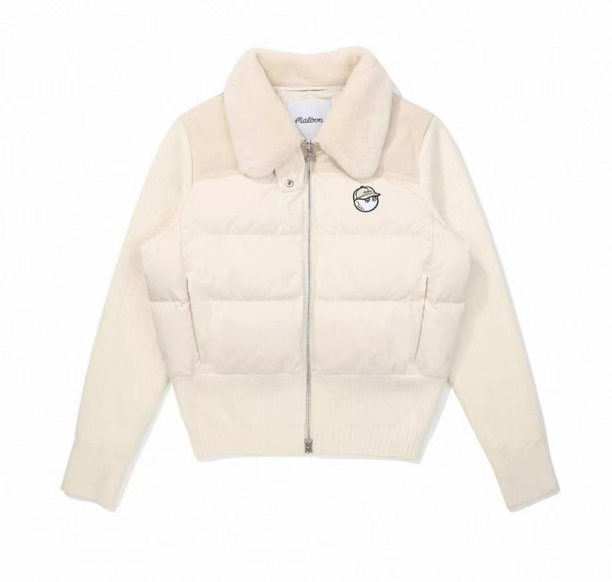 Malbon women's knit hybrid insulated down golf jacket in Beige, lifestyle view