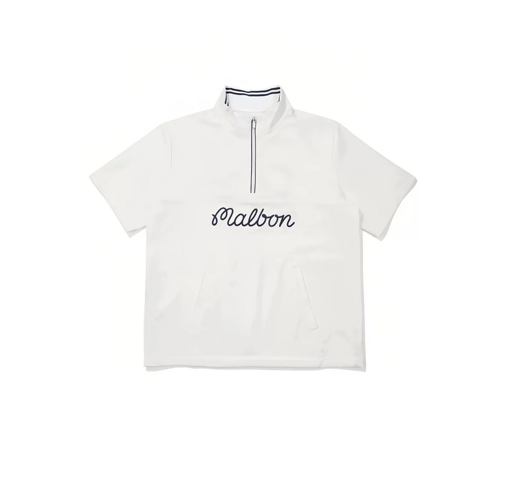 Malbon Men Golf Half Zip Stand Collar Shirt Summer Sport Tee White front view