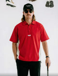 Devereux Red colorblock golf windshirt front view on male model