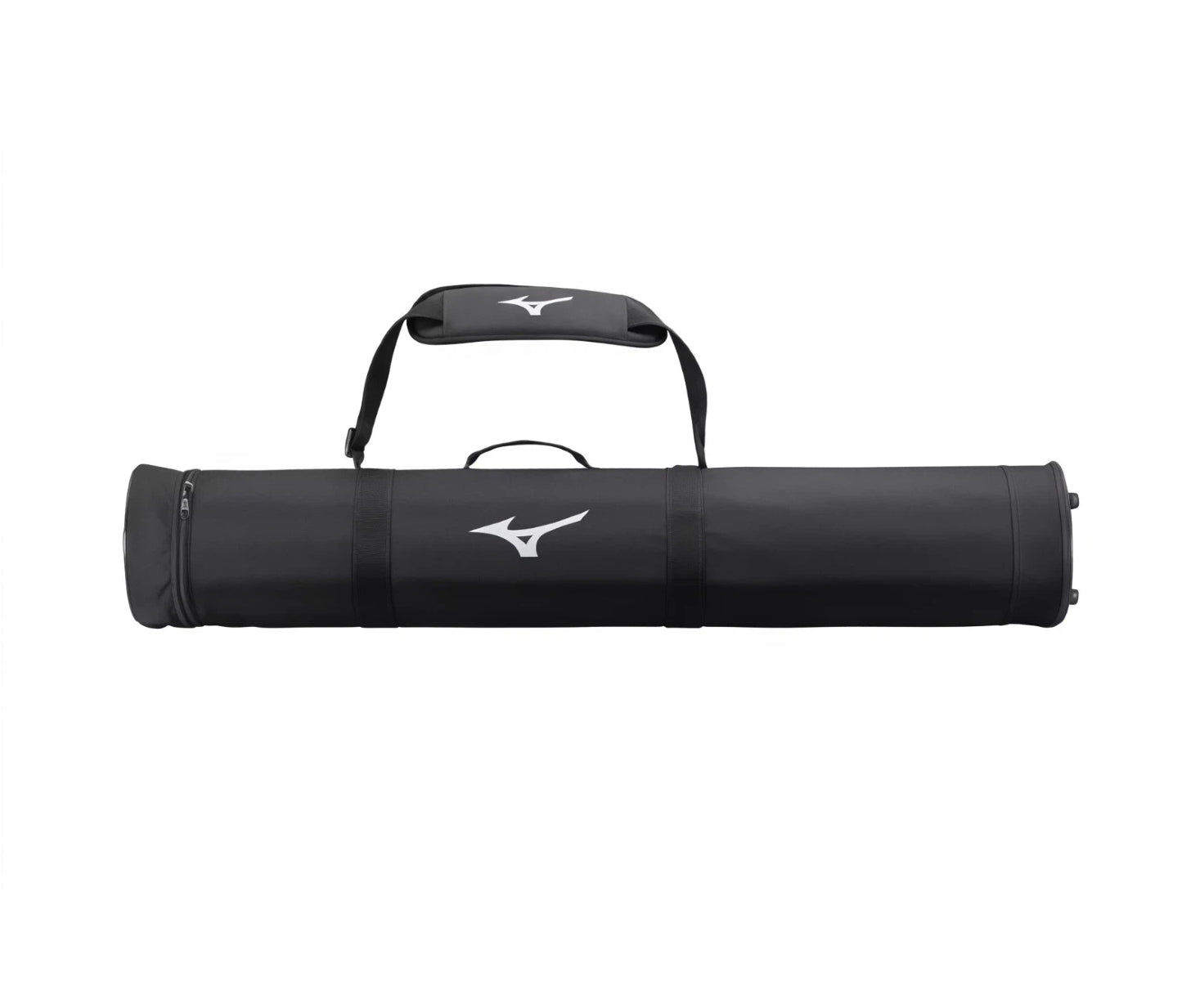Black Mizuno golf travel cover laid horizontal, padded shoulder strap and grab handle with white Runbird logo on side