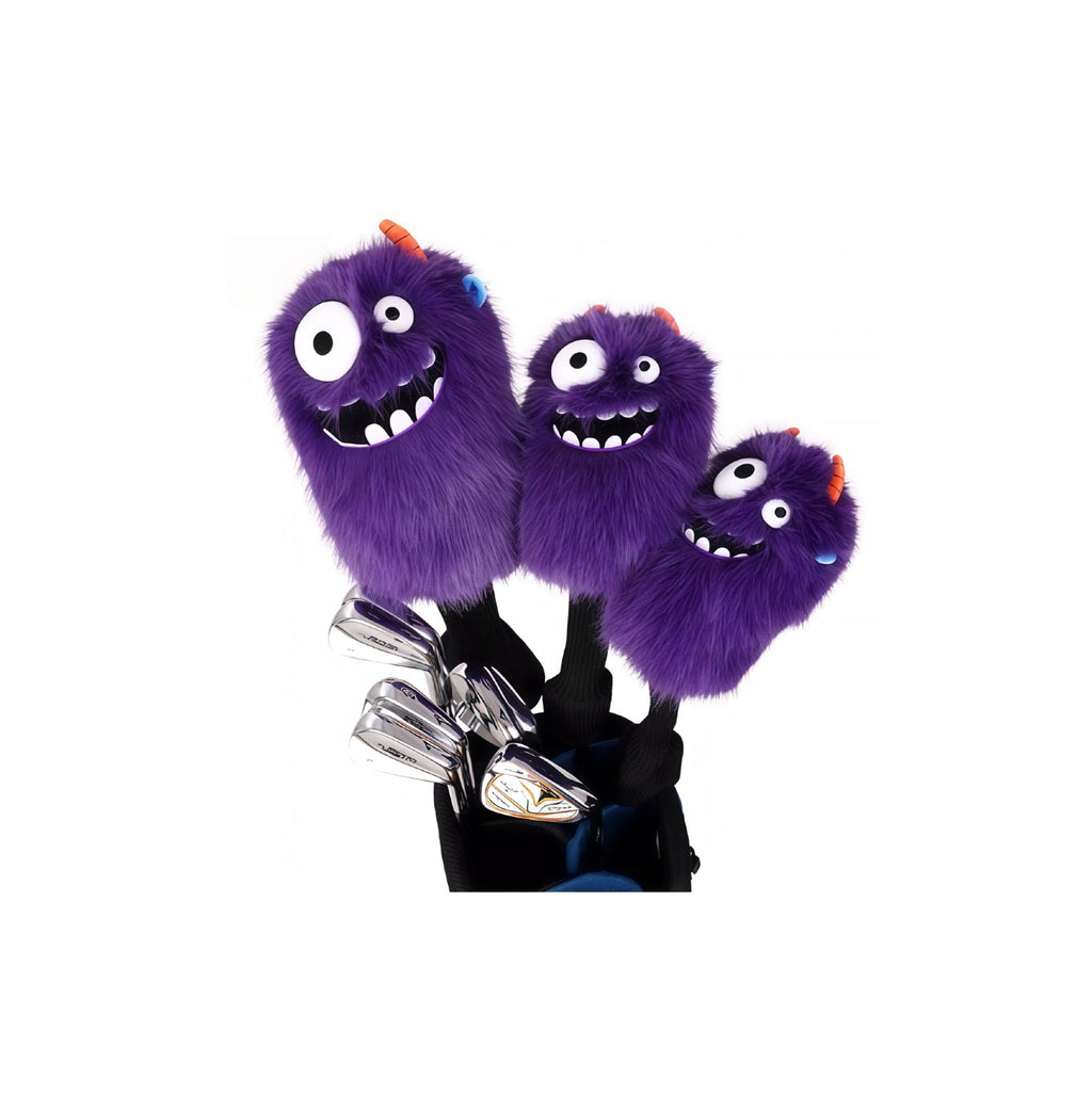 Purple fluffy little monster golf headcovers in driver, fairway and hybrid sizes fitted on Mizuno irons in a bag
