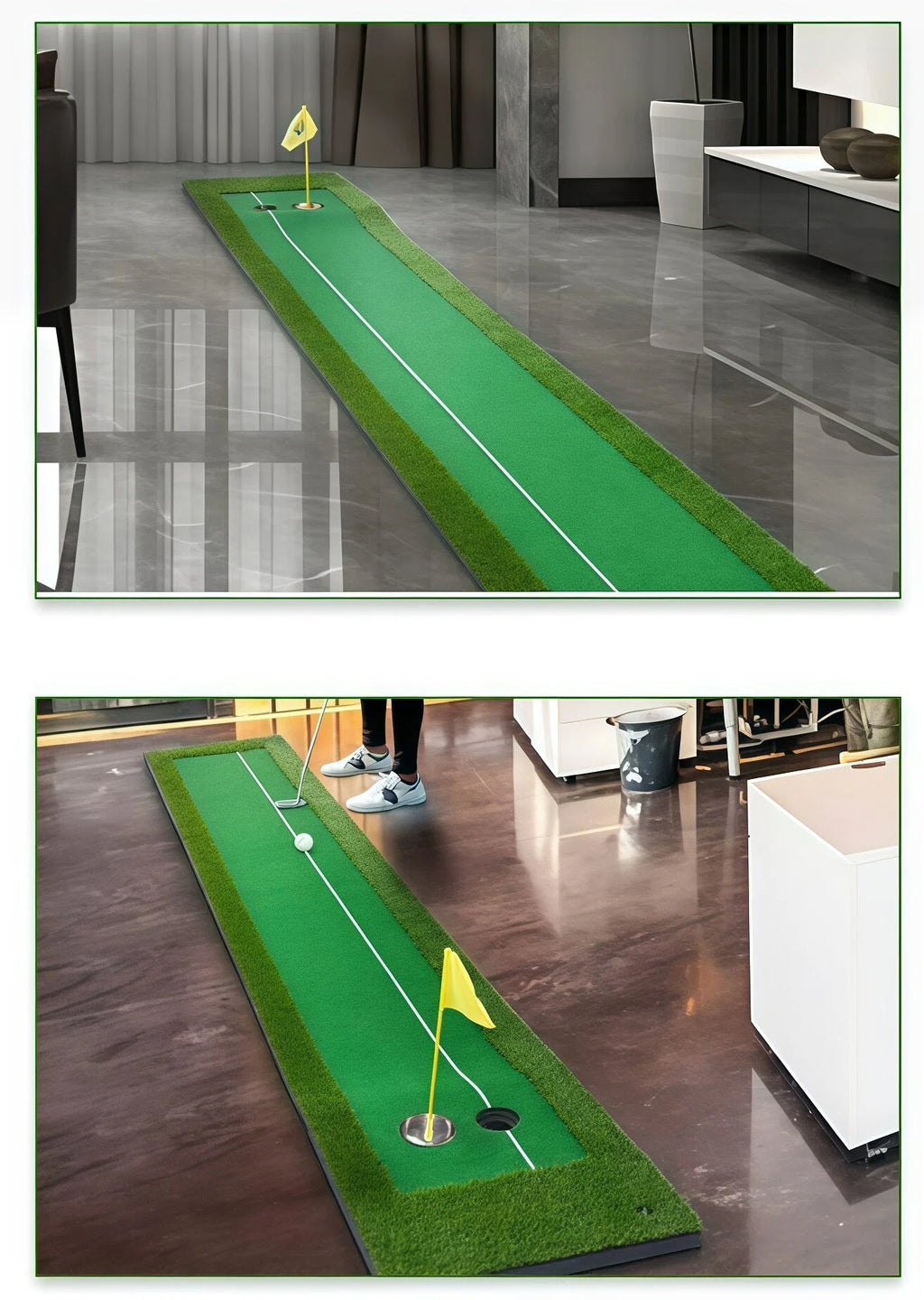 Golf putting mat set up in a room with a flag and cup on a green surface.