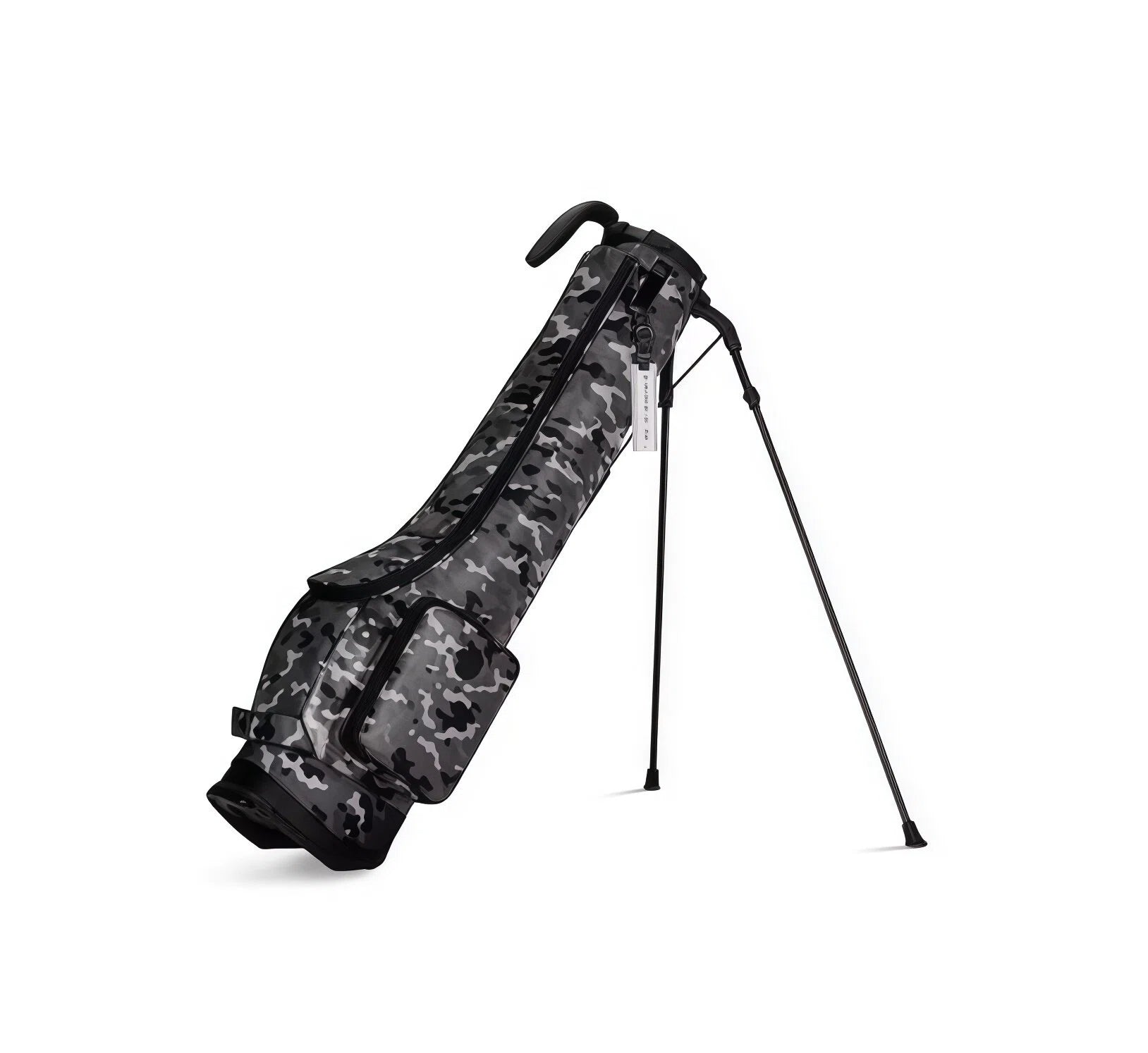 Black and grey camouflage HELIX B-Series golf stand bag on tripod legs with padded carry handle and front zipped pocket
