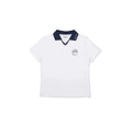 Malbon women's quick-dry cooling golf polo in white with navy V-neck contrast collar and embroidered chest patch