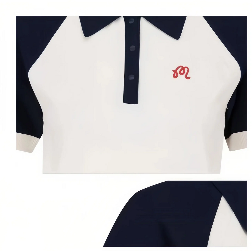 Malbon Women Golf Polo Shirt Colorblock Knit Tee 2026 Black collar and logo detail