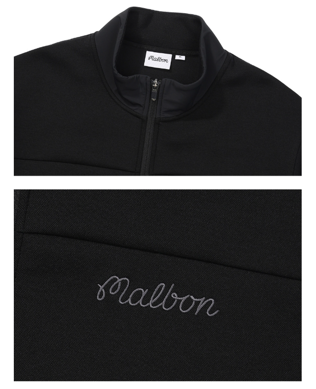 Malbon Golf Men’s Stand Collar Full-Zip Fleece Jacket black collar and chest detail