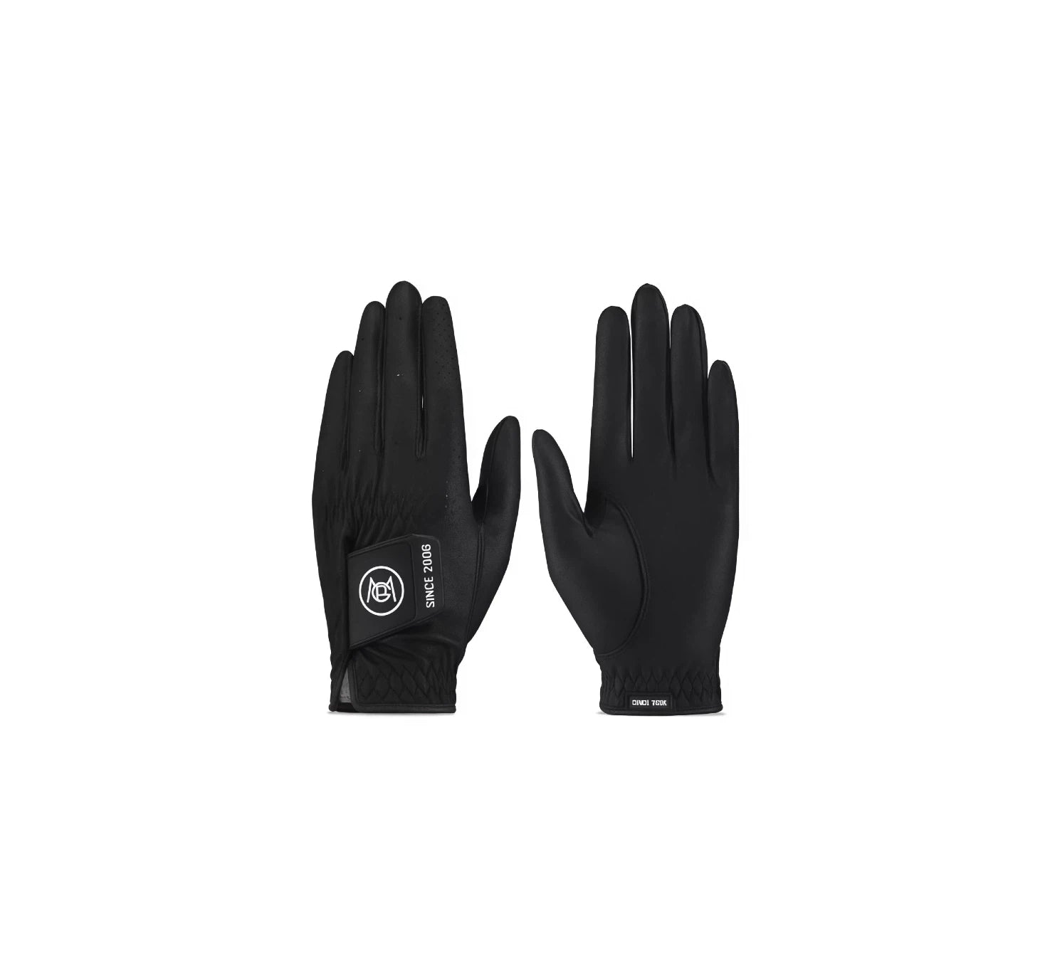 Pair of black women's nano golf gloves, back and palm view with perforated fingers and Since 2006 logo tab