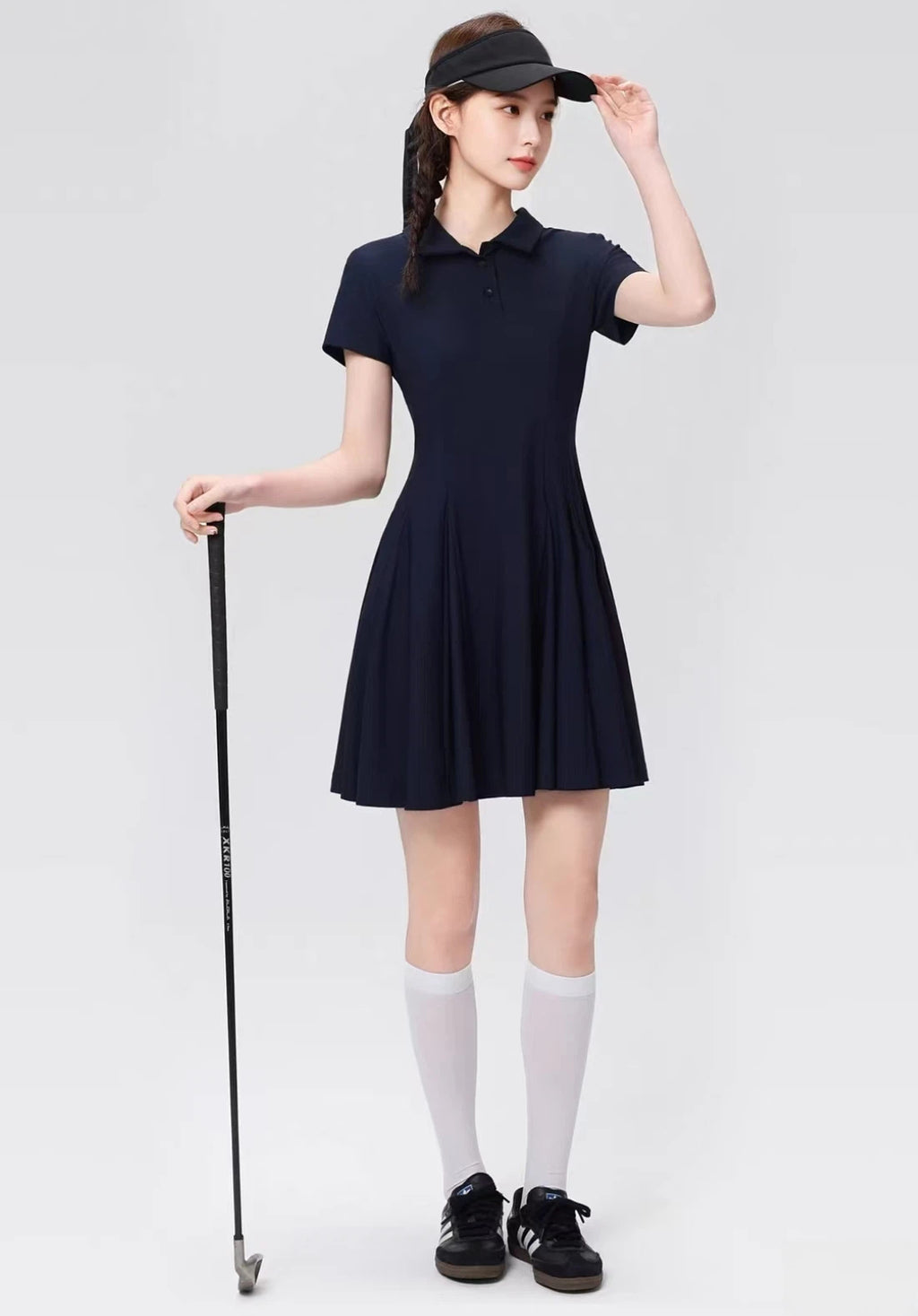 OZERO Navy A-line golf dress rear view on model