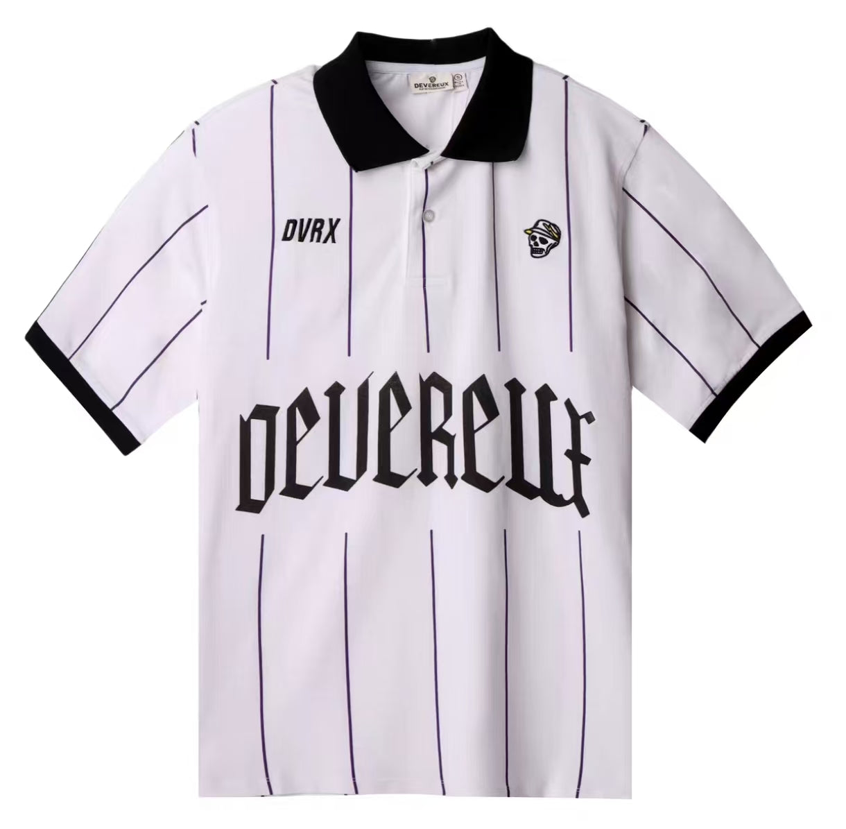 Devereux White and Black striped golf polo front product view