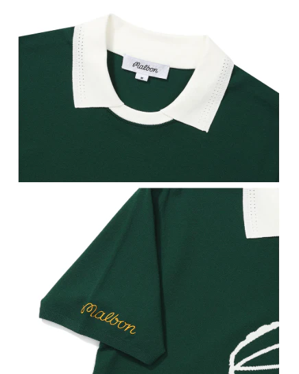 Malbon Women Golf Polo Shirt Knit Casual Tee 2025 Dark Green collar and logo detail