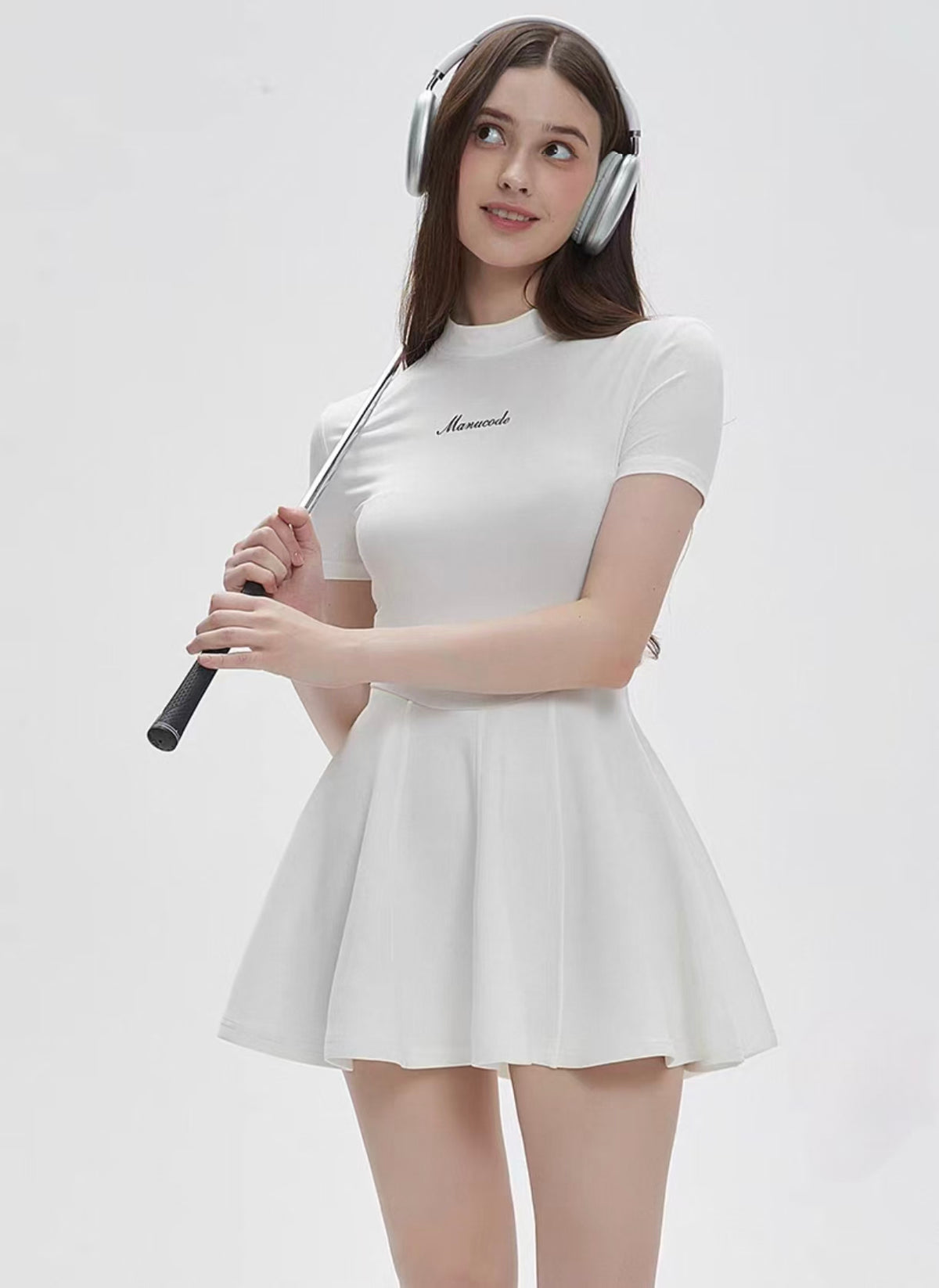 Manucode Women’s White Retro High Neck Air Fabric Golf Dress - product view 2