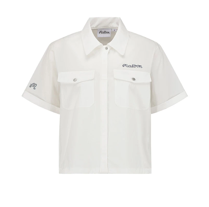Malbon women's white utility golf shirt front view