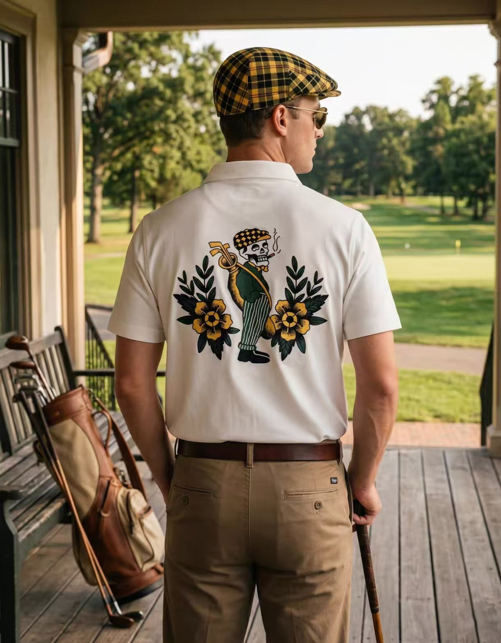 Devereux Golf Men’s Vintage Breathable Back Graphic Polo Shirt in White - product view