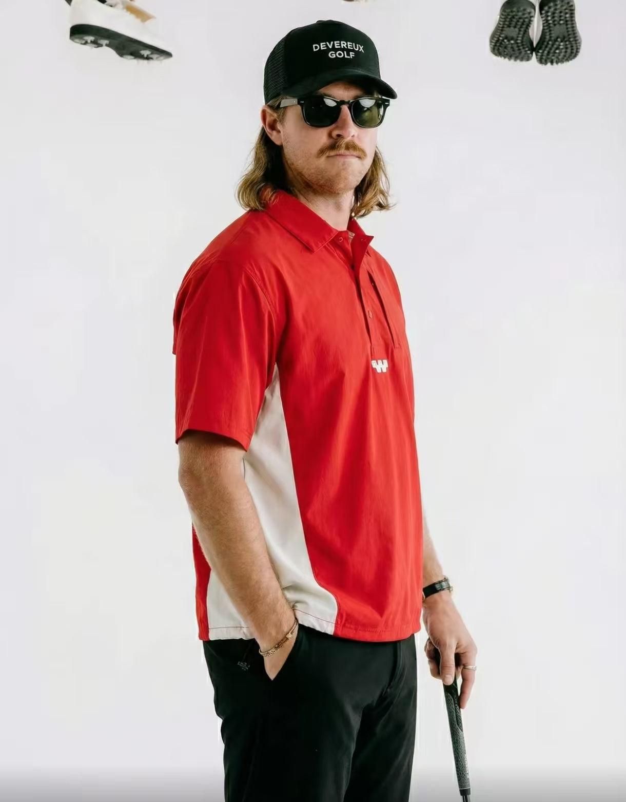 Devereux Red golf windshirt drawstring hem on model
