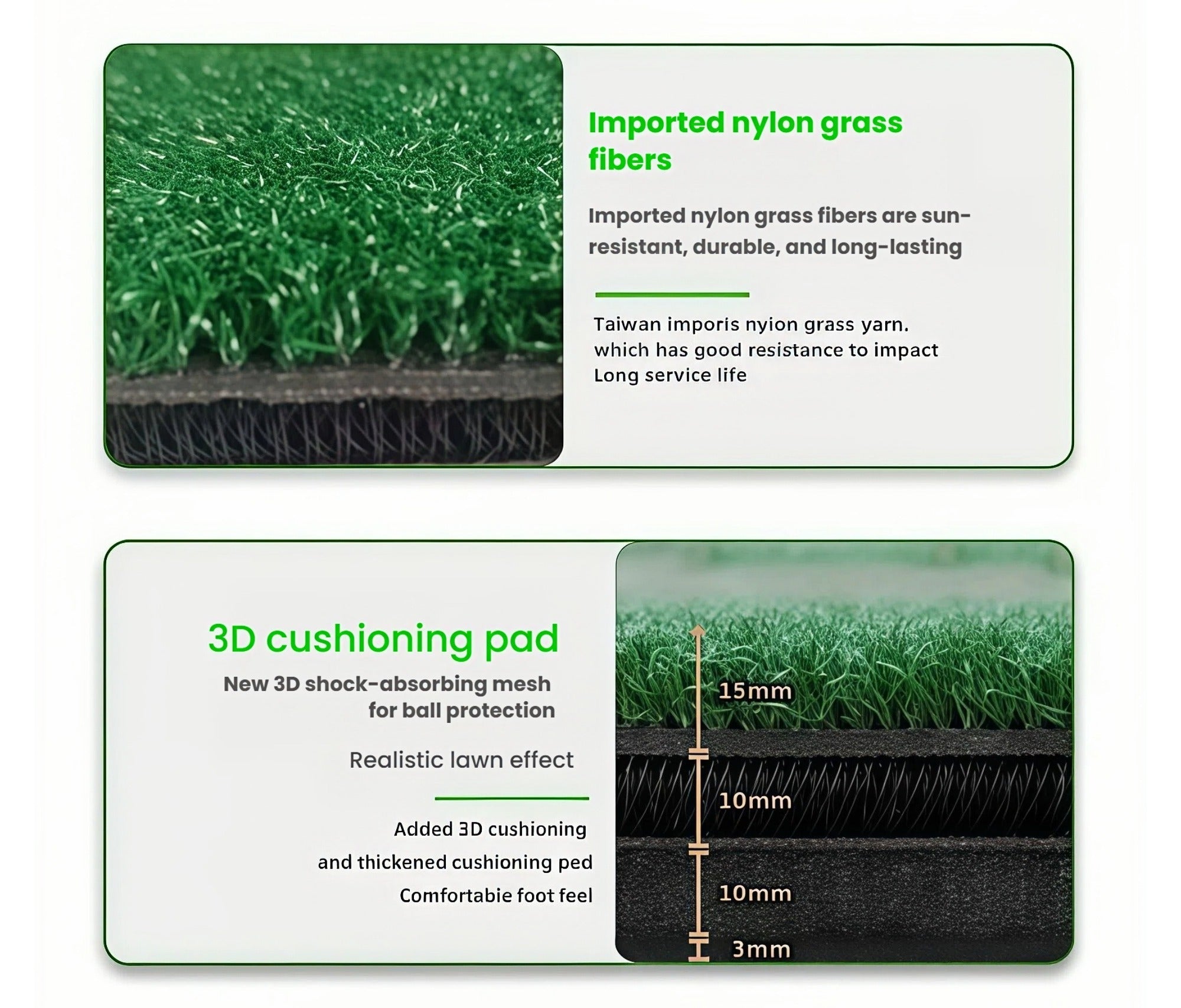 Diagram illustrating the 3D buffer layer technology in the golf hitting mat, designed to absorb shock, protect wrists, and improve shot stability during swing practice.