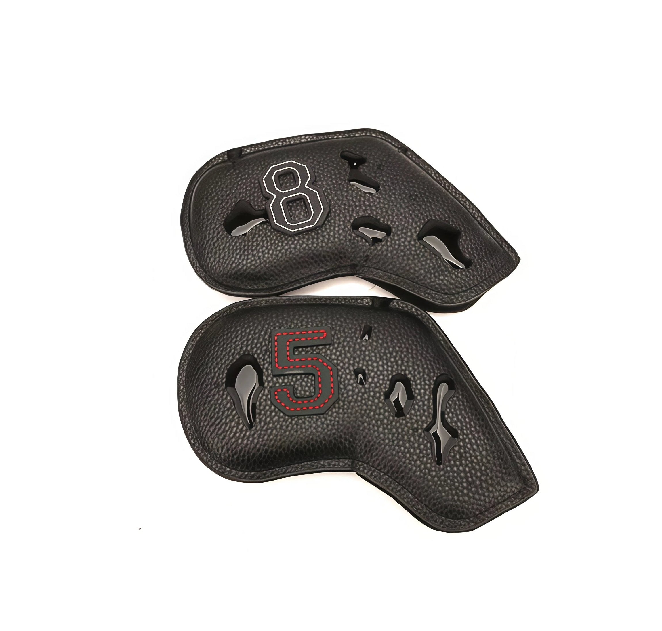 Rear view of two black PU iron headcovers showing ventilation cutouts for airflow and moisture control — one with white-stitched “8”, other with red-outlined “5”; double-sided numbering adds convenience and style