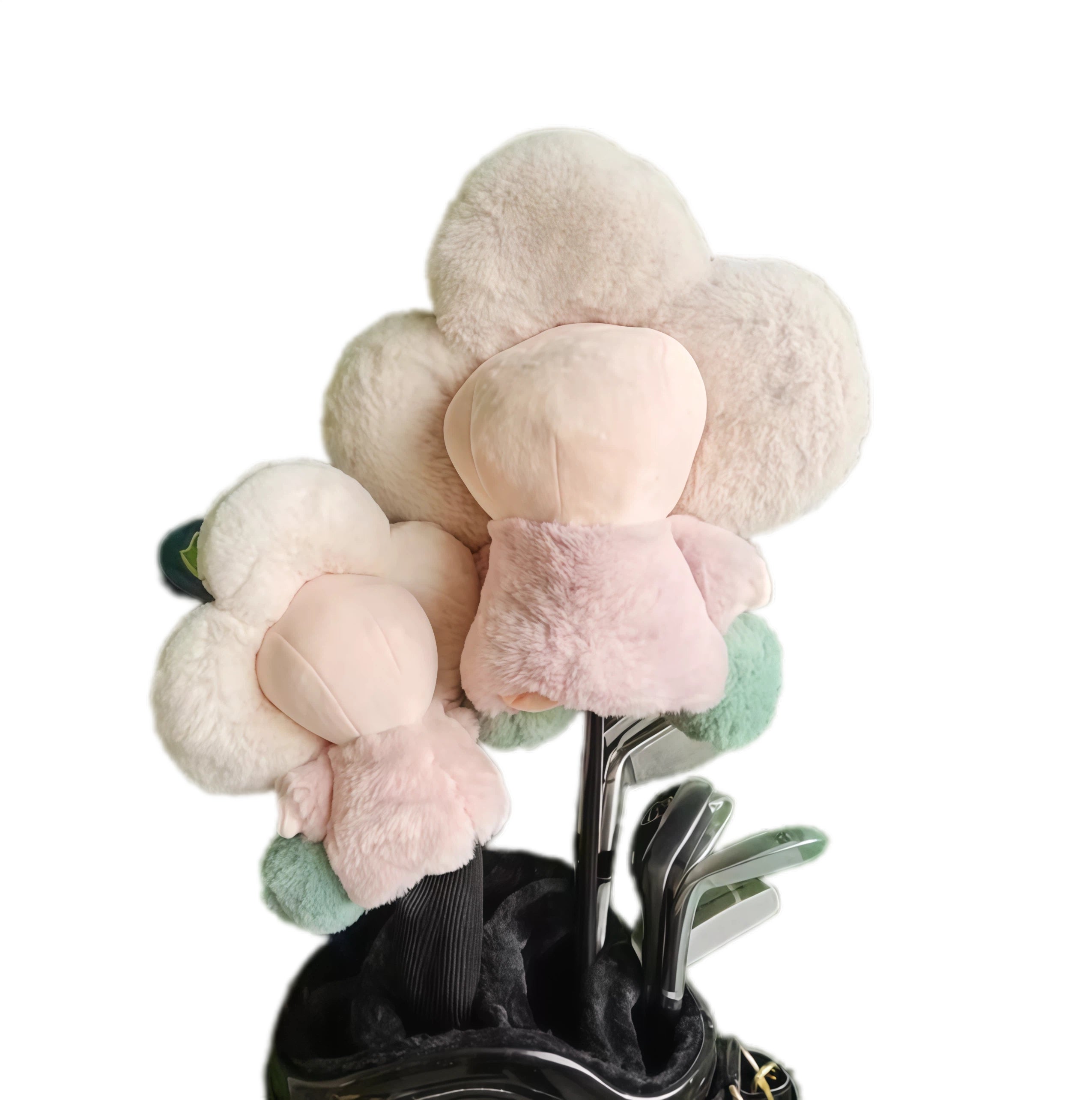 Rear perspective of two sunflower golf headcovers showing their fluffy backside, mint green leaves, and brown monogrammed soles, designed for both style and durability.