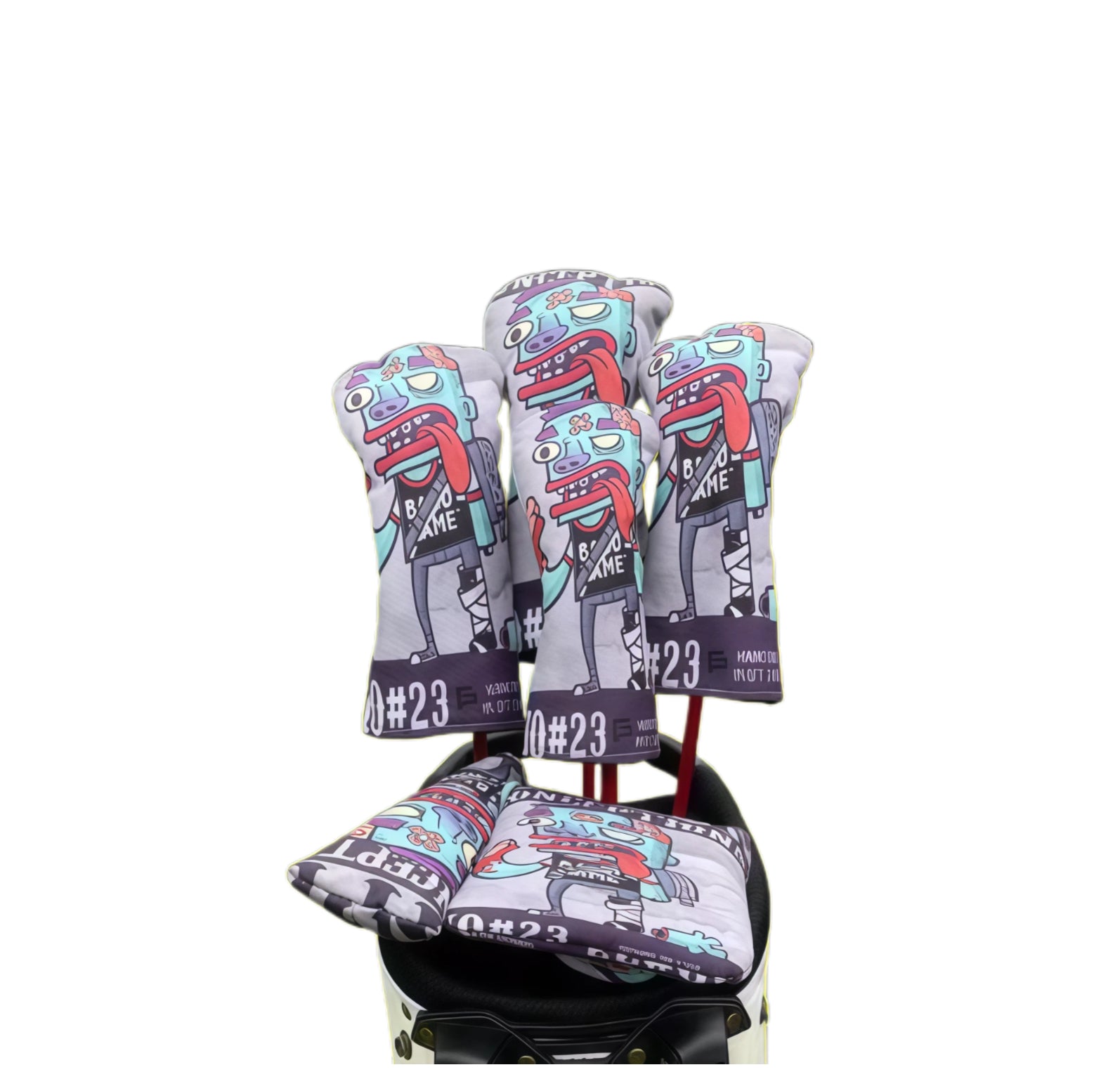 Biohazard zombie style golf headcovers set featuring driver, fairway woods, and putter covers with cartoon zombie graphic and #23 numbering, offering durable protection and fun design for golf clubs.