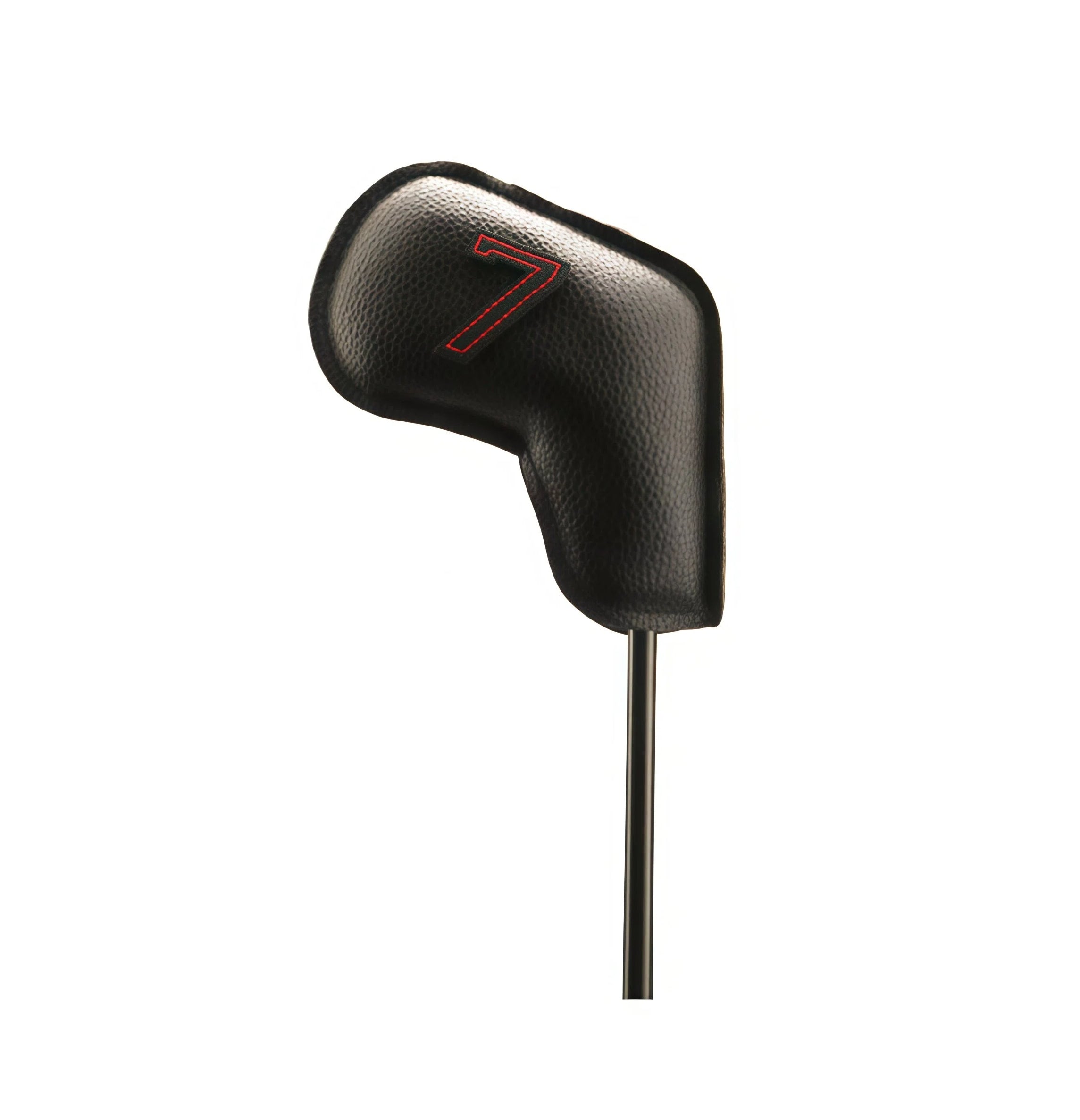 Single black PU leather iron cover fitted on a golf club — features raised red-outlined number “7”, soft inner lining, and oil-treated edges for sleek look and scratch protection; ideal for modern cavity-back or blade irons