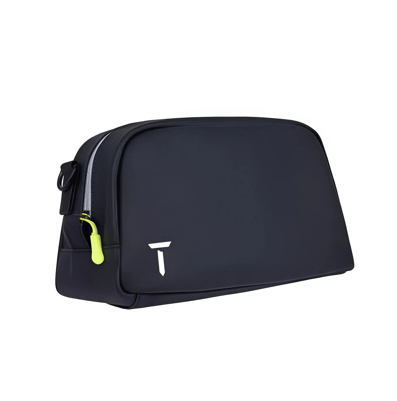 Side view of the black European Tour accessory pouch featuring a minimalist white "T" logo, neon yellow zipper pull, and sleek synthetic material. Ideal for travel, gym, or daily use.