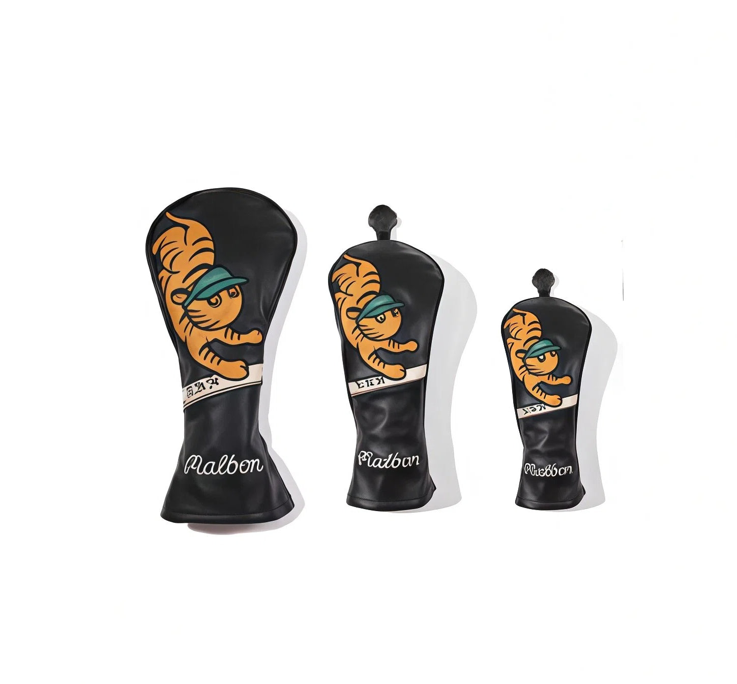 Front view of a black leather-style golf headcover set with a vintage orange tiger wearing a green cap, branded "Malbon" — perfect for driver, fairway, and hybrid clubs.
